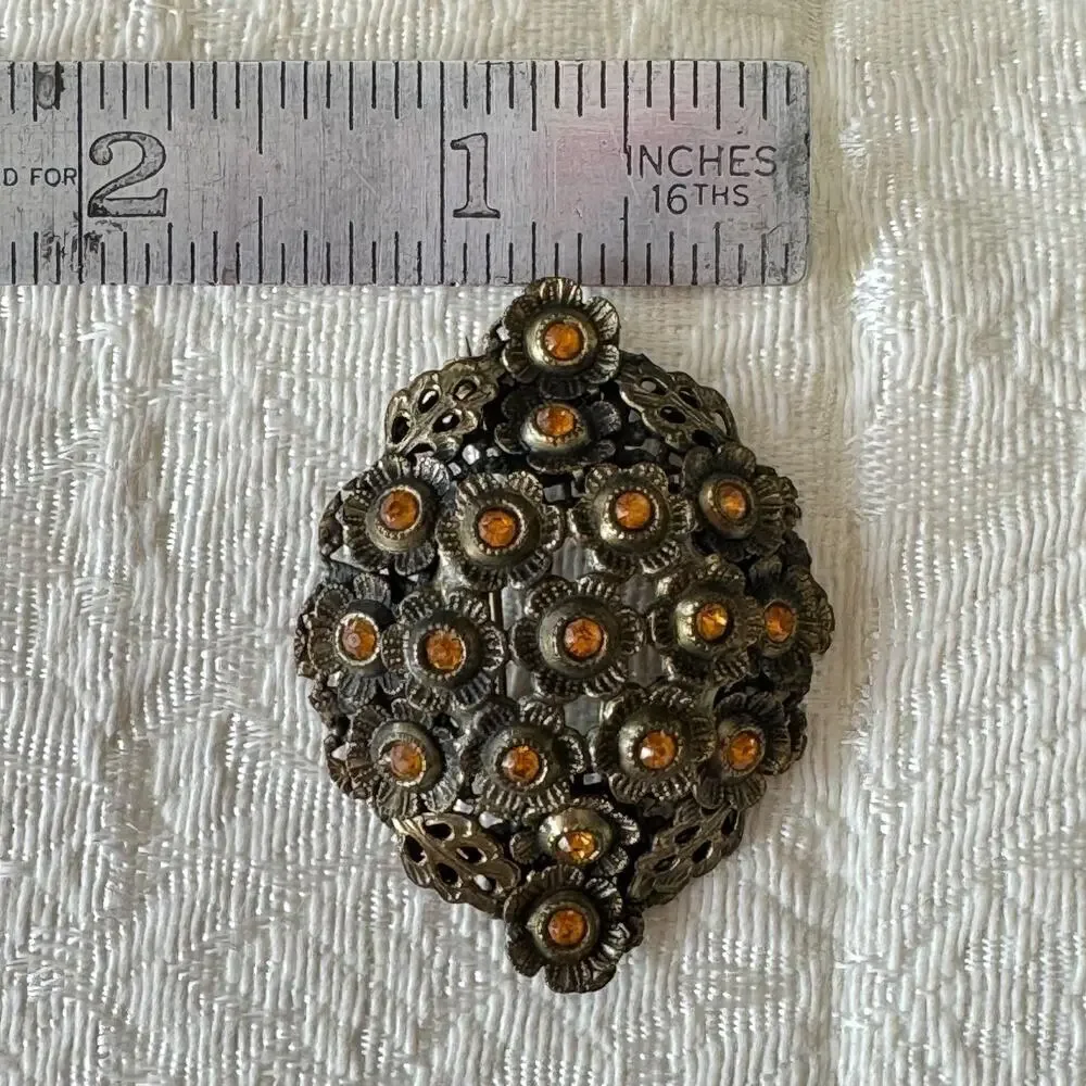 Large 2” 1930s Art Nouveau Vintage Filigree Broach Amber Czech Glass Antique Pin